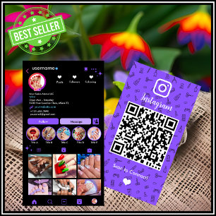 Cartão De Visita Instagram Salão de Unhas Roxo Código QR de Mídia