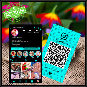 Cartão De Visita Instagram Salão de Unhas Turquesa QR Mídia Socia