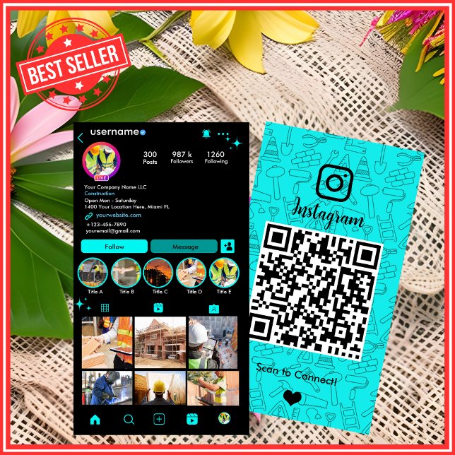 Cartão De Visita Instagram Turquois Construção | Código QR (Criador carregado)