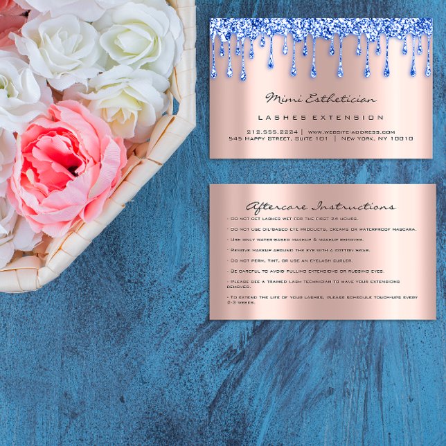 Cartão De Visita Instruções após cuidados Lash Rosa Derrame Azul de (Aftercare Instructions Lash Rose Drip Makeup Blue Business Card)