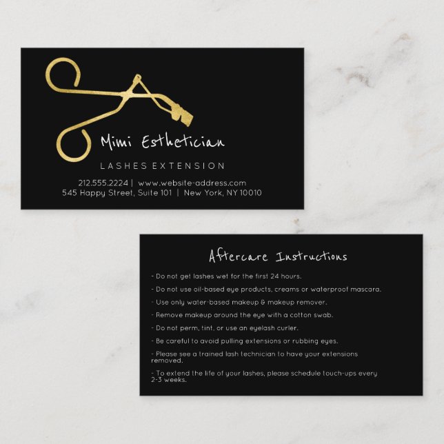 Cartão De Visita Instruções de acompanhamento Curva Lash Dourada Pr (Frente/Verso)