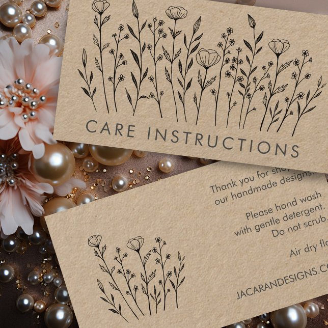 CARTÃO DE VISITA INSTRUÇÕES DE CUIDADO (CARE INSTRUCTIONS Chic Elegant Wildflower Kraft Business Card
)