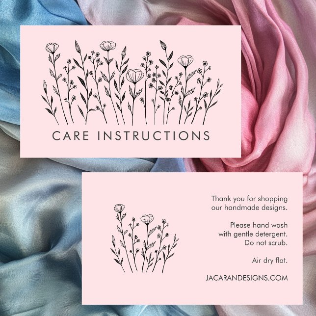 Cartão De Visita INSTRUÇÕES DE CUIDADO Blush Elegante Chic Wildflow (CARE INSTRUCTIONS Chic Elegant Wildflower Blush Pink Business Card
)