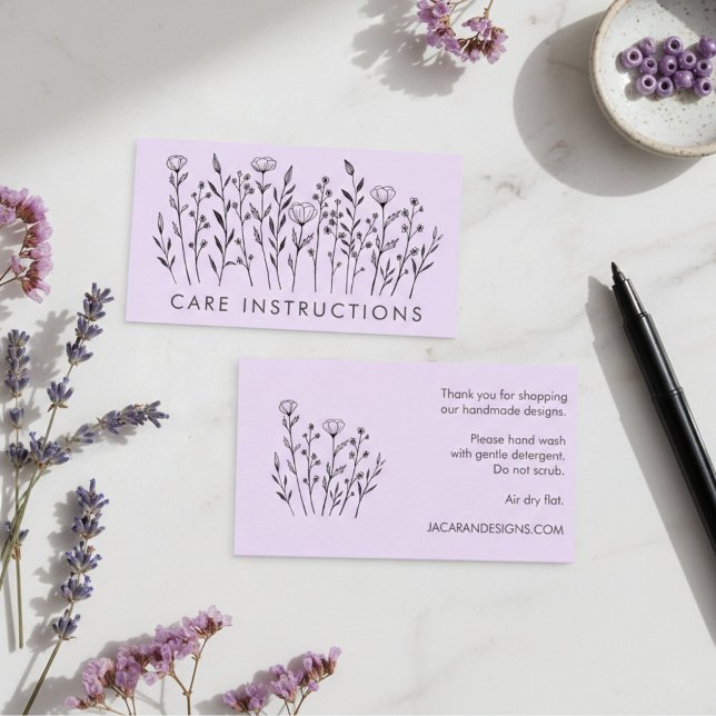 Cartão De Visita INSTRUÇÕES DE CUIDADO Lavanda Elegante de flor sel (CARE INSTRUCTIONS Chic Elegant Wildflower Lavender Business Card
)