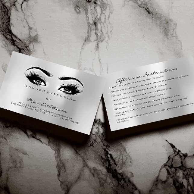 Cartão De Visita Instruções de Cuidados Trava Cinza de Extensão (Aftercare Instructions Lashes Extension Gray Business Card)