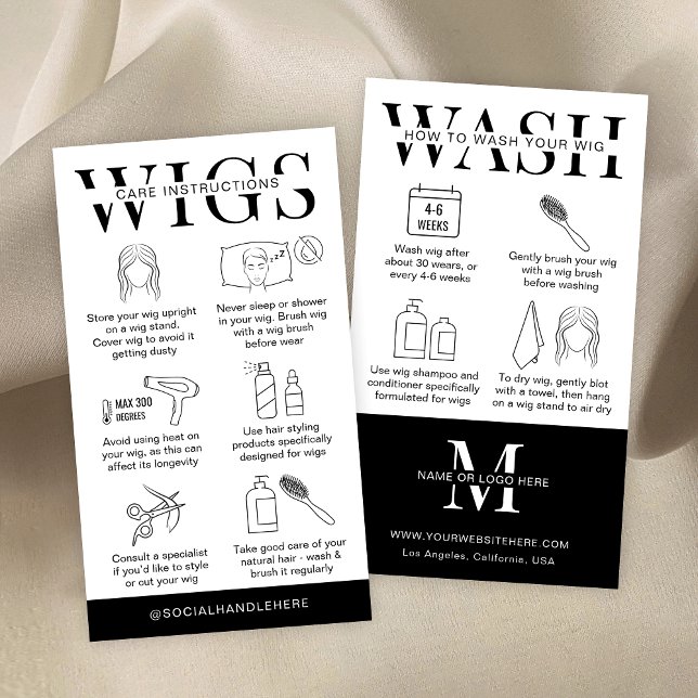 Cartão De Visita Instruções de Wig Care e guia de lavagem do logoti (Minimalist Wigs Care Instructions Cards with icons and space for your logo)