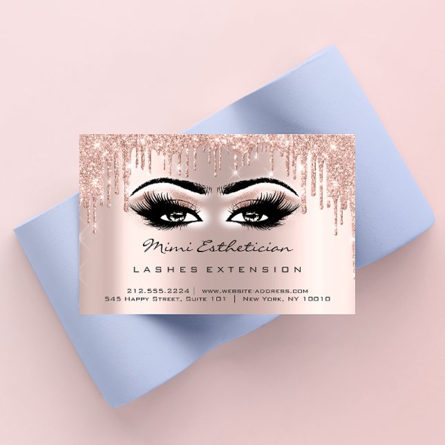 Cartão De Visita Instruções depois do tratamento Lash Rosa Dourado  (Aftercare Instructions Lash Rose Gold Drips Eyes Business Card)