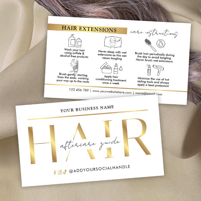 Cartão De Visita Instruções para o tratamento das extensões Dourada (Modern faux gold hair extensions aftercare cards with icons)
