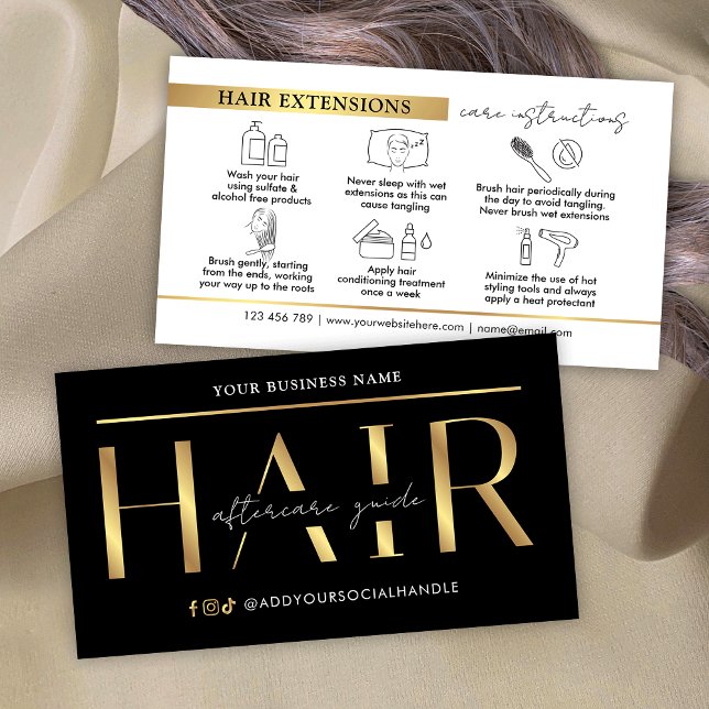 Cartão De Visita Instruções para o tratamento de extensões Douradas (Modern black and gold hair extensions aftercare cards with icons)