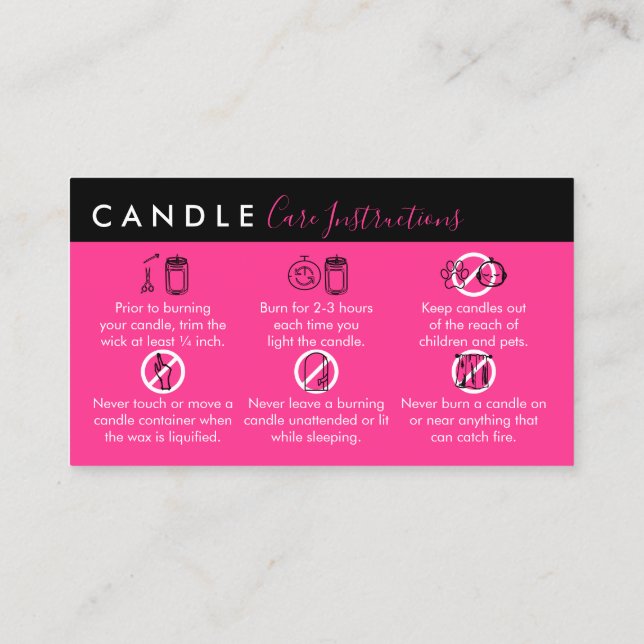 Cartão De Visita Instruções para o tratamento de velas de Neon Pink (Verso)