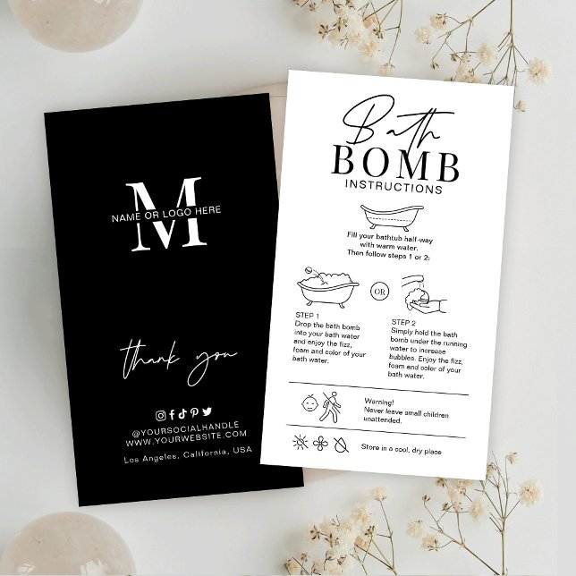 Cartão De Visita Instruções para o tratamento do apagador da bomba  (Modern bath bombs care instructions cards with icons, trendy fonts and space for your logo)
