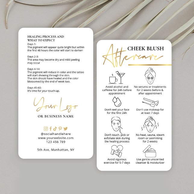 Cartão De Visita Instruções para o tratamento Dourado metálico PMU (Trendy & chic Cheek Blush Aftercare instructions cards with faux gold effects & space for your logo)
