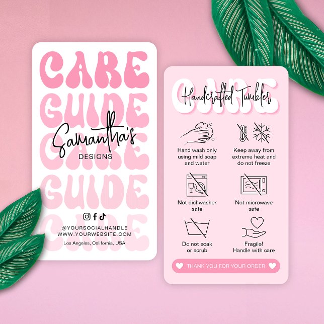 Cartão De Visita Instruções para Tumbler Care Trendy Girly Retro Ro (Trendy pink tumbler and cups care instructions cards with icons, groovy fonts and your brand info)