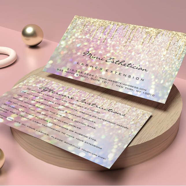 Cartão De Visita Instruções pós-tratamento Lash Rosa (Aftercare Instructions Lash Rose Gold Drip Glitter Business Card)