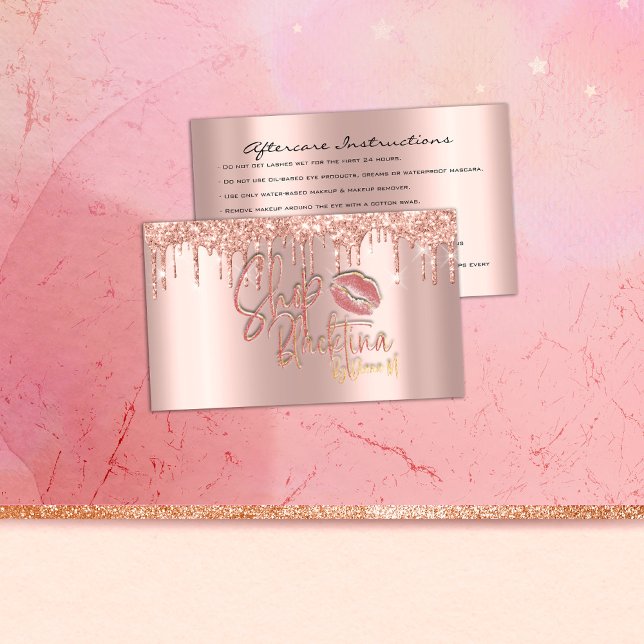 Cartão De Visita Instruções pós-tratamento Lash Rosa Drives Lábios  (Aftercare Instructions Lash Rose Drips Logo Lips Business Card)