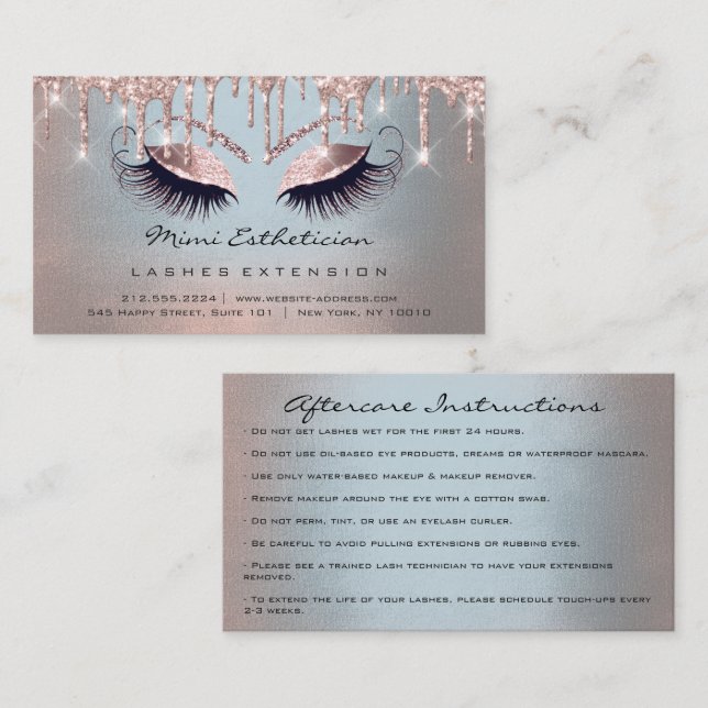 Cartão De Visita Instruções pós-tratamento Lash Rosa Enfumaçado Azu (Frente/Verso)