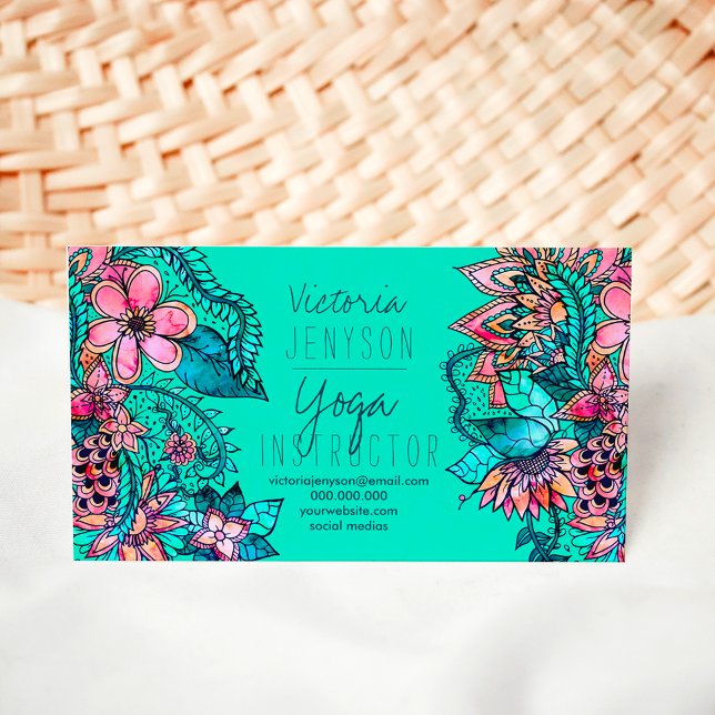Cartão De Visita Instrutor de ioga de ilustração floral de aquarela (Watercolor floral illustration yoga instructor 2 business card)