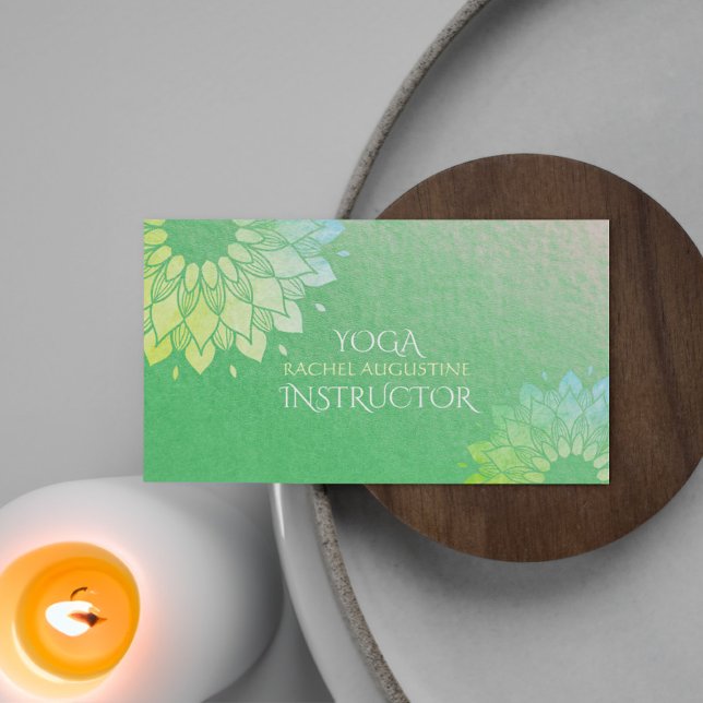Cartão De Visita Instrutor de Meditação Yoga Green Gold Foil Mandal (Criador carregado)