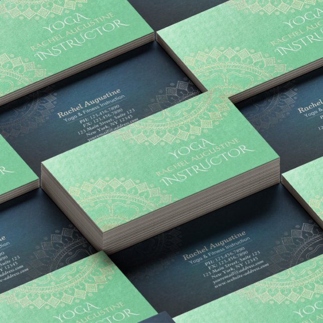 Cartão De Visita Instrutor de Meditação Yoga Green Gold Foil Mandal (Criador carregado)