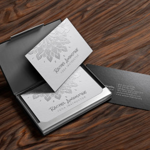 Cartão De Visita Instrutor de Meditação YOGA White & Silver Mandala