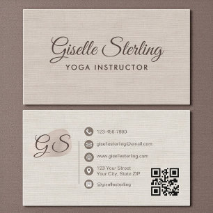 Cartão De Visita Instrutor de Yoga Código QR Elegante em Lino Bege