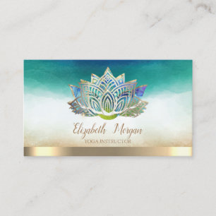 Cartão De Visita Instrutor de Yoga Elegante Lótus Azul Dourado