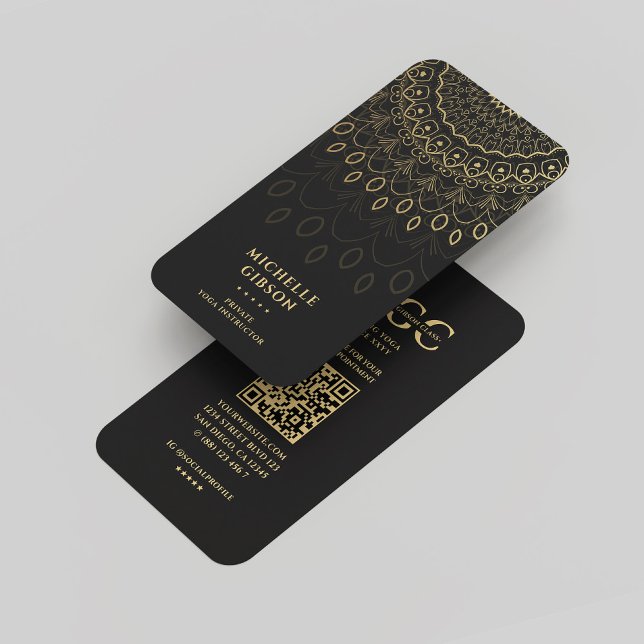 Cartão De Visita Instrutor de Yoga Moderno Monograma Dourado Mandal (Modern Yoga Instructor Monogram Black Gold Mandala Business Card
)