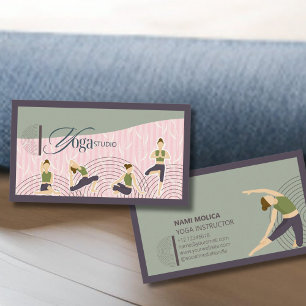 Cartão De Visita Instrutor de Yoga Verde-Rosa Moderno Boho