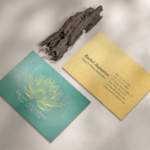 Cartão De Visita Instrutor Dourado Lotus e Teal Grunge Yoga