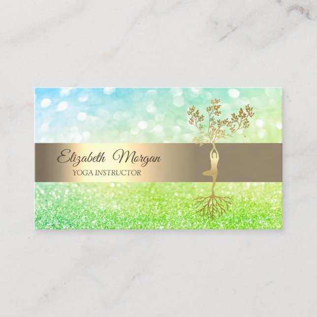 Cartão De Visita Instrutor Elegante Green Bokeh Dourado Tree Yoga (Frente)
