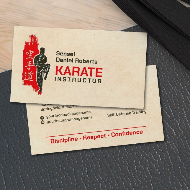Cartão De Visita Instrutor Karate - Kanji e karateka - silhueta (Criador carregado)