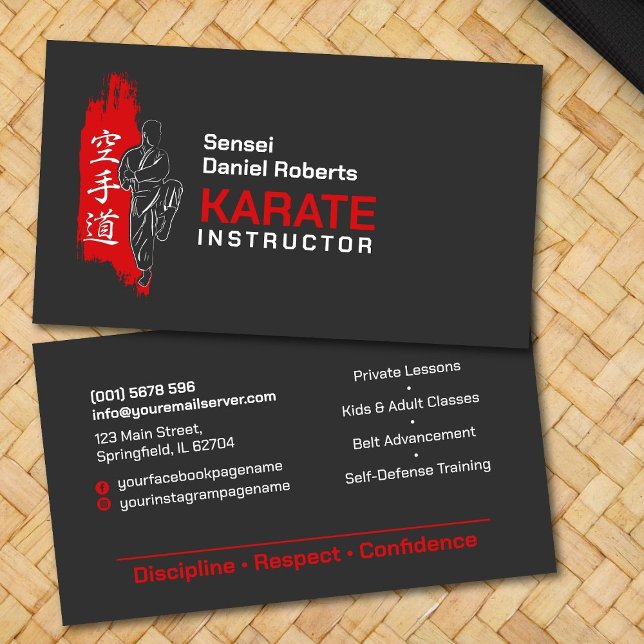Cartão De Visita Instrutor Karate - Kanji e karateka - silhueta (Criador carregado)