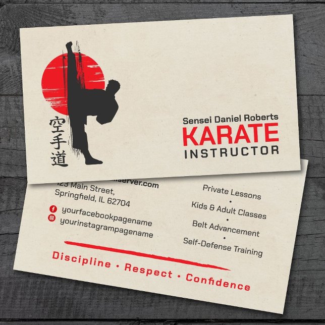 Cartão De Visita Instrutor Karate - Kanji e karateka - silhueta (Criador carregado)