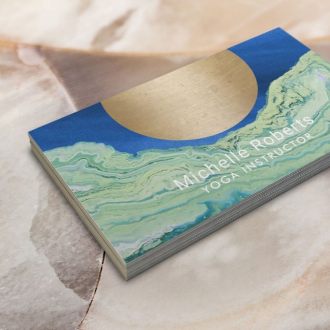 Cartão De Visita Instrutor Yoga Circle Dourado Teal Blue Agate (Criador carregado)