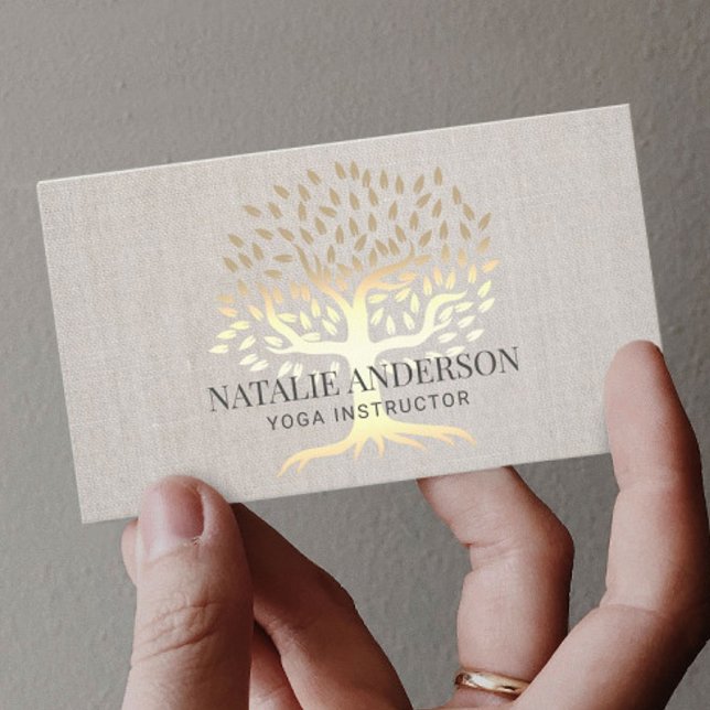 Cartão De Visita Instrutor Yoga Dourado Life Tree Linen (Criador carregado)