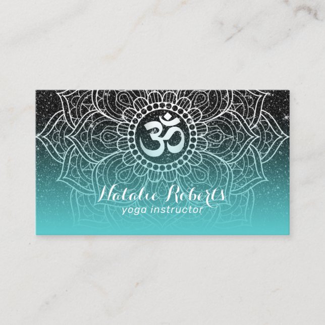 Cartão De Visita Instrutor Yoga Modern Teal Black Glitter Mandala (Frente)