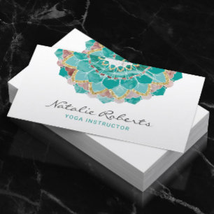 Cartão De Visita Instrutor Yoga Modern Teal Dourado Flor Mandala
