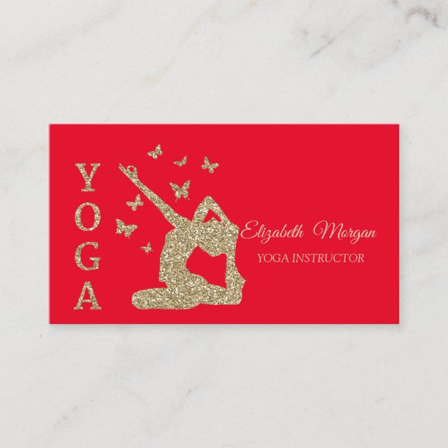 Cartão De Visita Instrutor Yoga, Red, Dourada Glitter Women Silhout (Frente)
