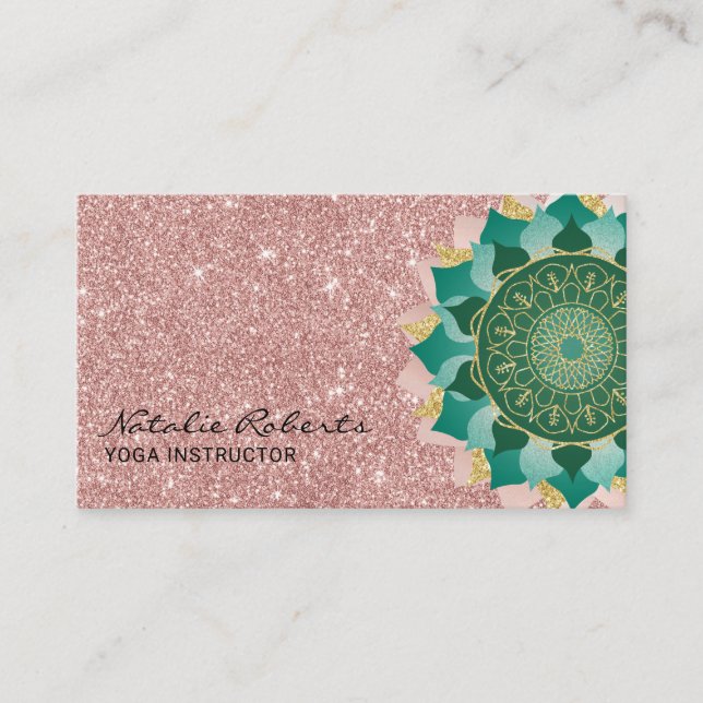 Cartão De Visita Instrutor Yoga Teal Rosa Dourado Glitter Mandala (Frente)