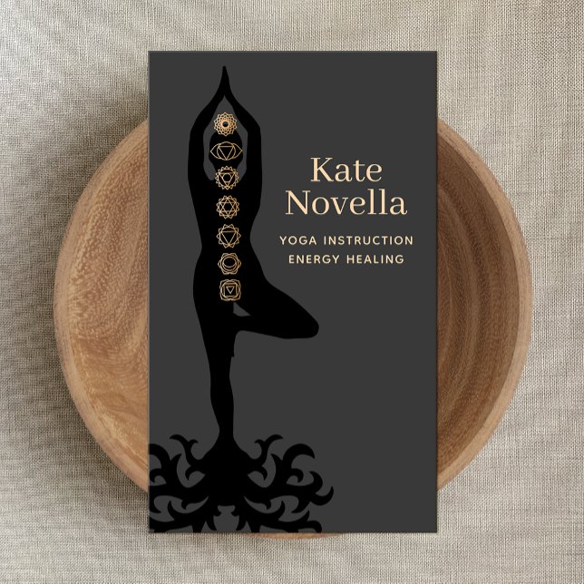 Cartão De Visita Instrutor Yoga, Tree Pose , Dourado Chakras Black (Criador carregado)