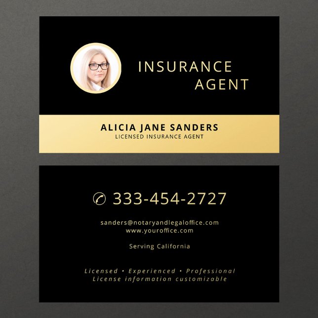 Cartão De Visita Insurance agent  black gold professional photo (Criador carregado)