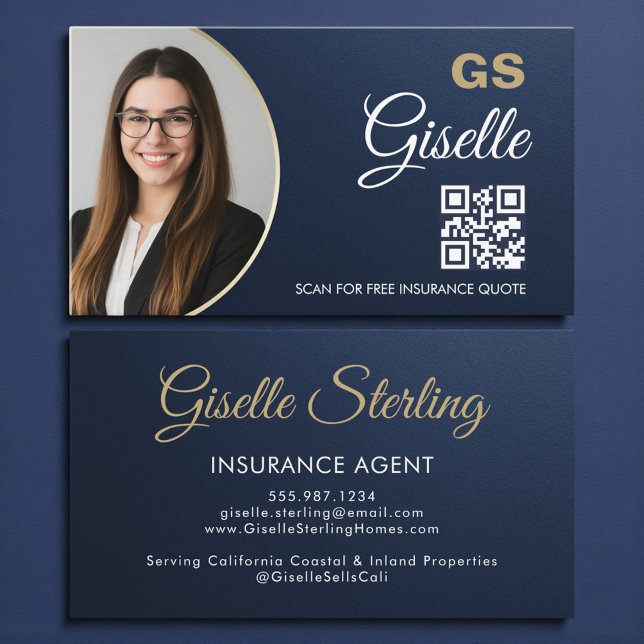 Cartão De Visita Insurance Agent Navy Blue Gold Photo Metallic (Criador carregado)