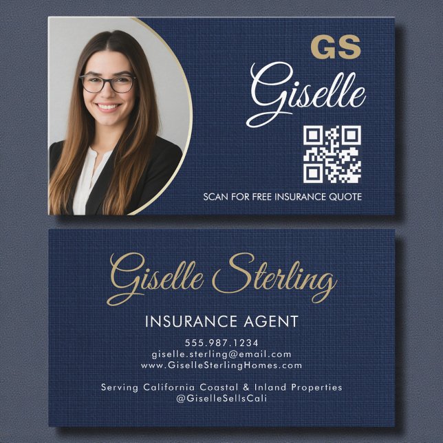 Cartão De Visita Insurance Agent Navy Blue Gold Photo QR Code Linen (Criador carregado)