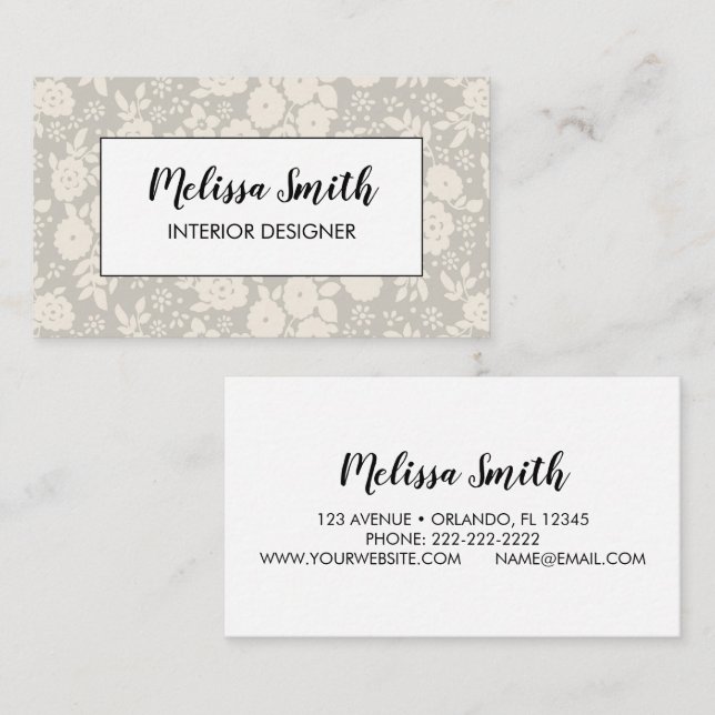 Cartão De Visita Interior Design Floral Pattern Gray Business Card (Frente/Verso)