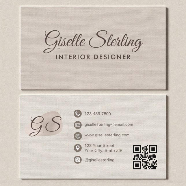 Cartão De Visita Interior Designer Beige Linen Elegant QR Code (Criador carregado)