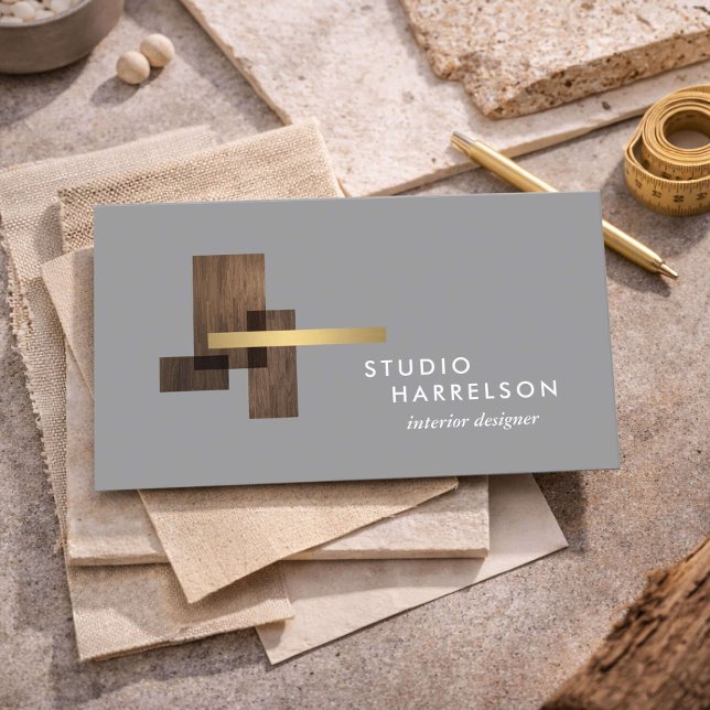 Cartão De Visita Interior Designer Wood Gold Logo Gray (Criador carregado)