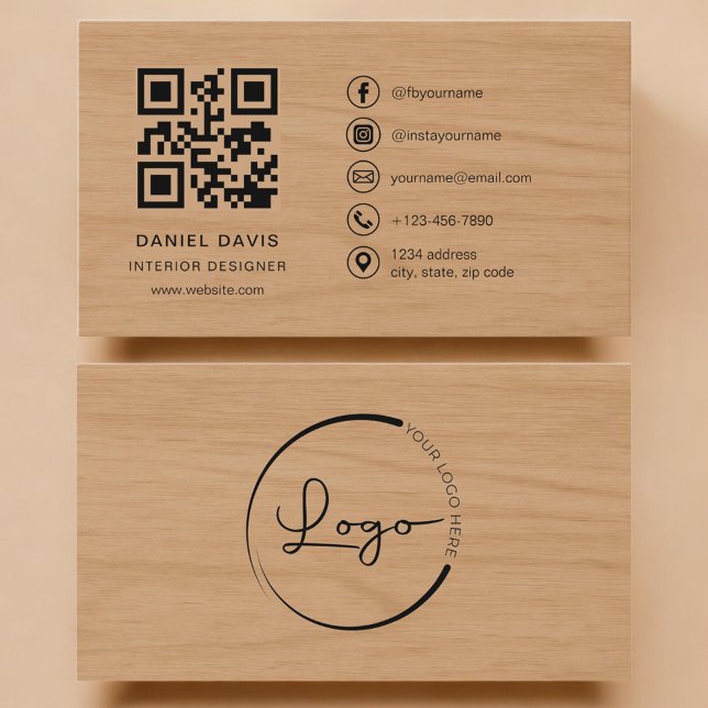 Cartão De Visita Interior Designer Wood Professional QR Code (Criador carregado)