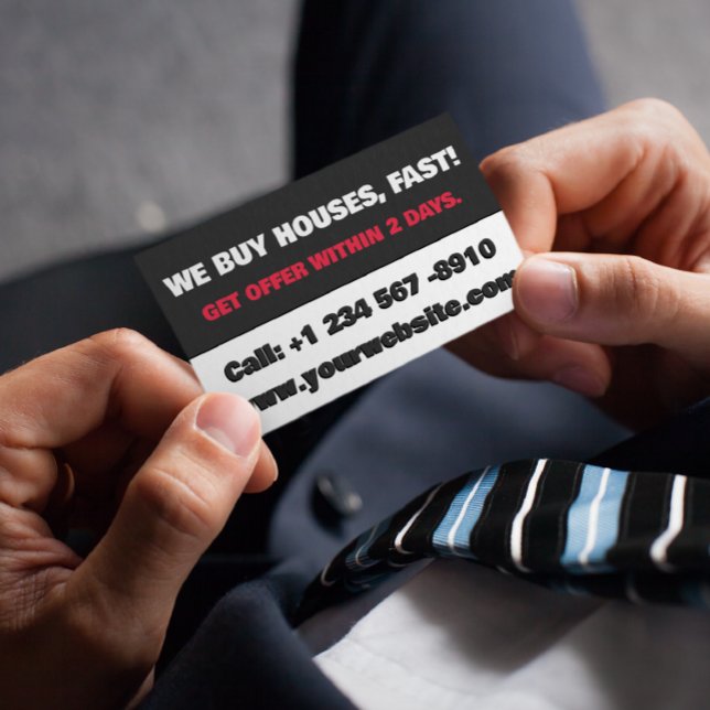 Cartão De Visita Investidor Imobiliário Branco e Negro Nós Comprar  (real estate investor business card)