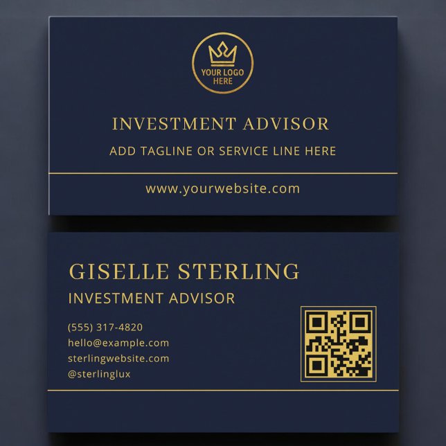 Cartão De Visita Investment Advisor Blue Gold Logo QR Code (Criador carregado)