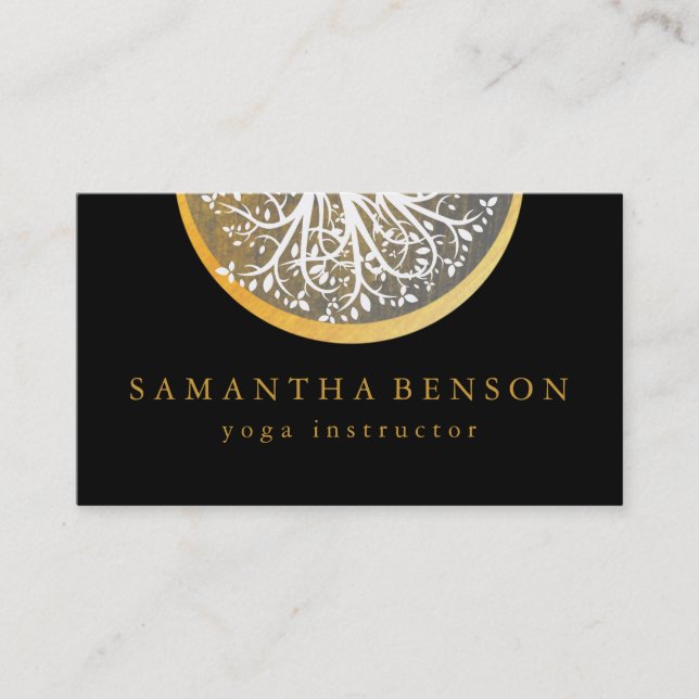 Cartão De Visita Ioga e meditação Dourados elegantes da árvore da (Frente)